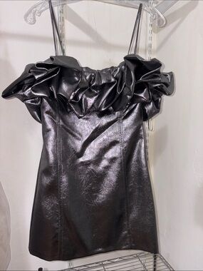 ZARA Chrome Black Faux-Leather Ruffle-Trim Mini Dress